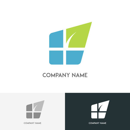 Nature logo - blue bricks and fresh green leaf on the white backgroundのイラスト素材