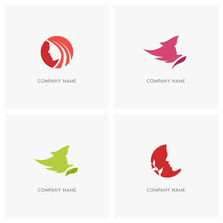 Beautiful woman vector logo. Pretty girl face silhouette, wind in the long hair, young lady with green leaf, plant or flower with leaves - beauty, fashion and nature icons.のイラスト素材