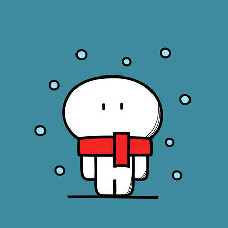 Cute funny man in red scarf and snow on the blue background. Winter snowfall - cartoon vector illustration.のイラスト素材