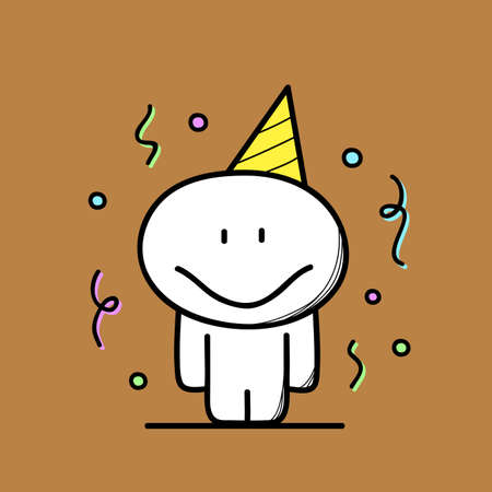 Cute funny man with hat on the head and confetti and ribbons on the brown background. Happy birthday party - cartoon vector illustration.のイラスト素材
