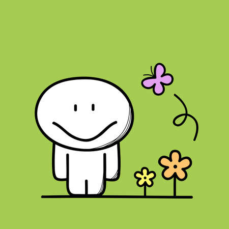 Cute funny man near the flowers and a butterfly on the green background. Spring, summer and nature - cartoon vector illustration.のイラスト素材