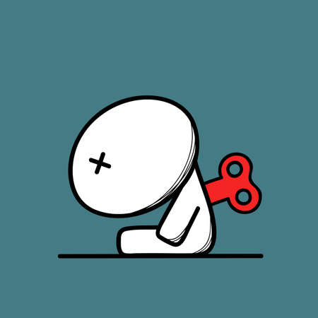 Cute tired man with the key in his back on the blue background. Exhausted or dead - cartoon vector illustration.のイラスト素材