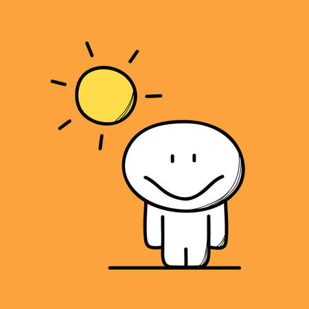Cute funny man with smile on his face and the sun on the orange background. Summer and happiness - cartoon vector illustration.のイラスト素材