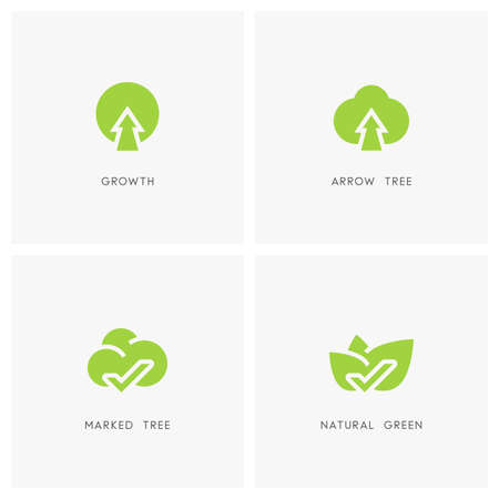 Nature set. Green tree and leaves with check mark, plant with arrow symbol - ecology, evolution and environment icons.のイラスト素材