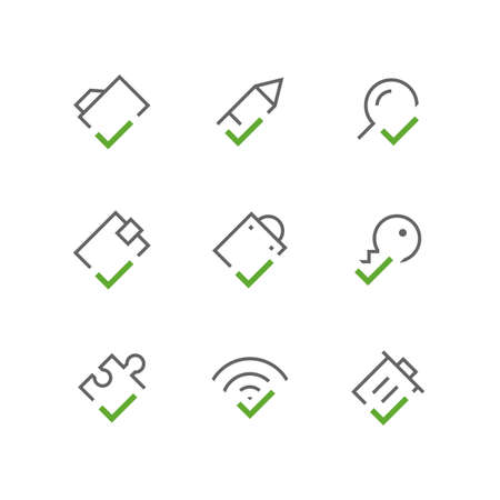 Bold checkmark outline icon set - folder, pencil, search, wallet, package, key, puzzle, wi fi and trash can with tick or checkbox symbols. Contacts, business and internet signs.のイラスト素材