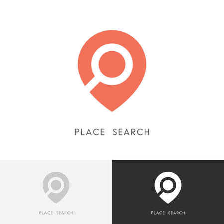 Place search - address pointer and loupe or magnifier symbol. Travel agency and location map icon.のイラスト素材