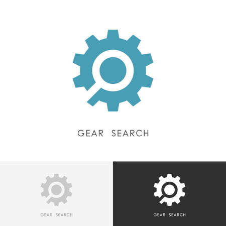 Gear search - wheel or pinion and loupe or magnifier symbol. Industry, equipment and repair icon.のイラスト素材