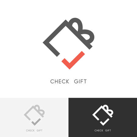 Check gift - present box with ribbon and red checkmark or tick symbol. Shopping and delivery icon.のイラスト素材