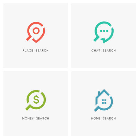 Search set. Address pointer, chat, dollar sign, home or house and loupe or magnifier, symbol - place, location and destination, communication, conversation and discussion, finance and realty icons.のイラスト素材