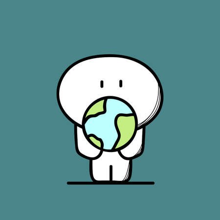 Cute man and planet earth or globe in the hands. Environment, ecology, nature and life protection cartoon vector illustration.のイラスト素材