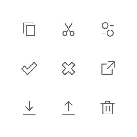Basic outline icon set - files, scissors, settings, check mark, cross, link, download, upload arrow and basket symbols. Internet and computer system vector signs.のイラスト素材