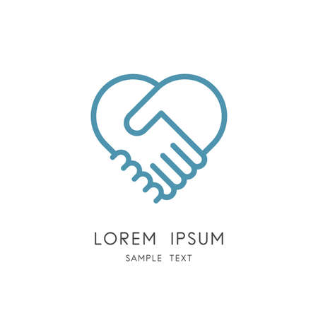 Business handshake outline - two hands make up deal and heart symbol. Partnership, cooperation and teamwork, love and relationship vector icon.のイラスト素材
