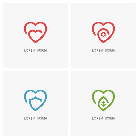 Love outline set - heart, address pointer, shield and green leaf symbolのイラスト素材
