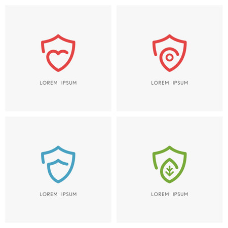 Protection outline set - shield, heart, address and green leaf symbolのイラスト素材
