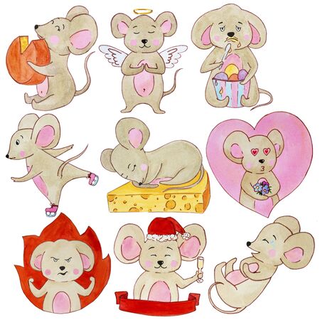 watercolor drawing cute, beige mice with emotionsの写真素材
