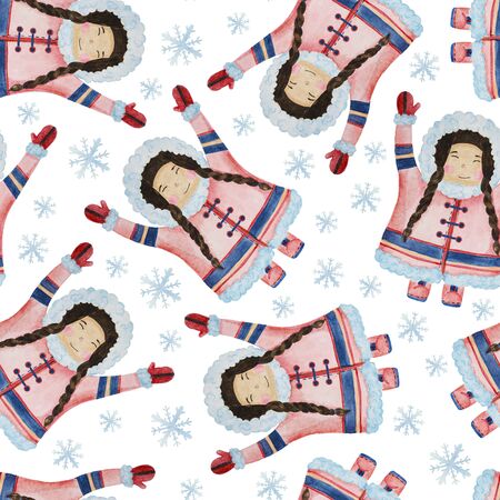 seamless pattern cute eskimos in ethnic clothing set blue, pink watercolorの写真素材