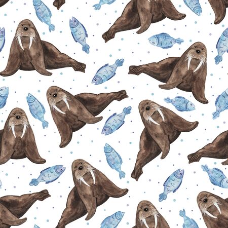 good brown walrus in watercolor with fangs in cartoon styleの写真素材
