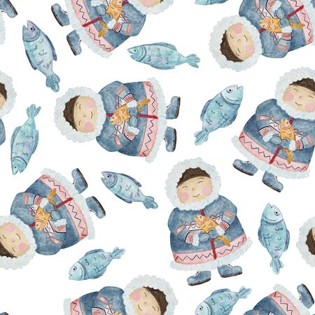 seamless pattern cute eskimos in ethnic clothing set blue, pink watercolorの写真素材