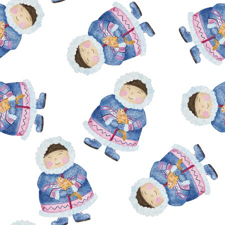 seamless pattern cute eskimos in ethnic clothing set blue, pink watercolorの写真素材