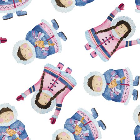 seamless pattern cute eskimos in ethnic clothing set blue, pink watercolorの写真素材