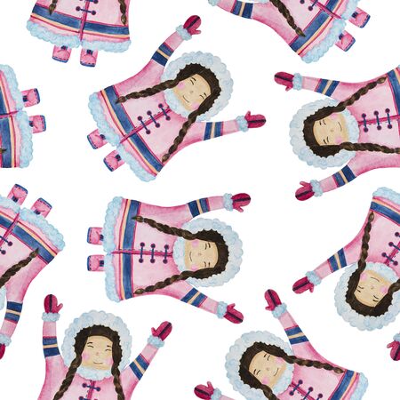 seamless pattern cute eskimos in ethnic clothing set blue, pink watercolorの写真素材