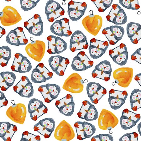 funny, kind watercolor penguins for the new yearの写真素材