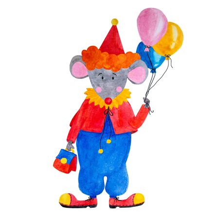 mouse red clown with balls watercolor illustrationの写真素材