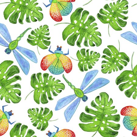 watercolor seamless vivid beetles pattern.の写真素材
