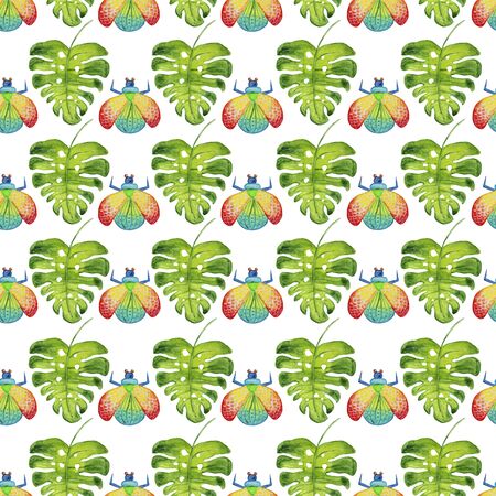 watercolor seamless vivid beetles pattern.の写真素材