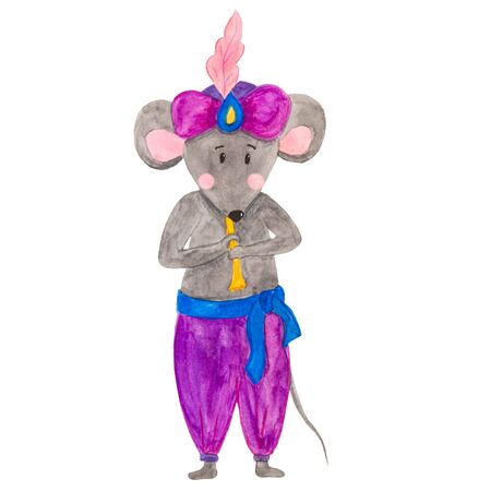 watercolor illustration mouse snake charmer in purple turbanの写真素材