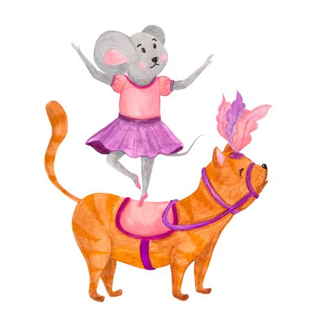watercolor illustration of circus, cute girls mice acrobatsの写真素材