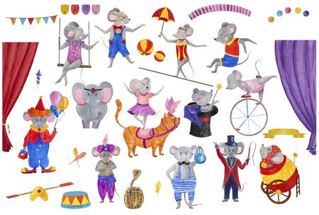 .watercolor illustration set circus paraphernalia mouse in costumesの写真素材