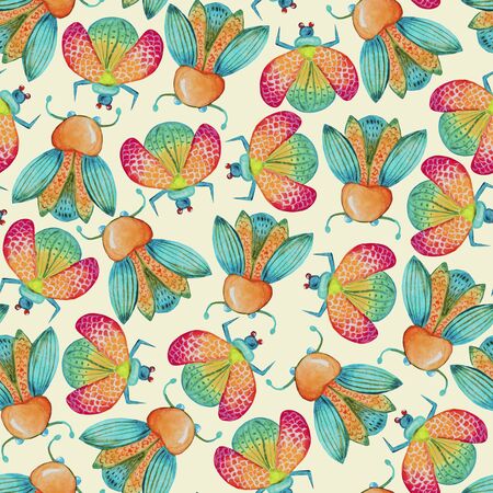 watercolor seamless vivid beetles pattern.の写真素材