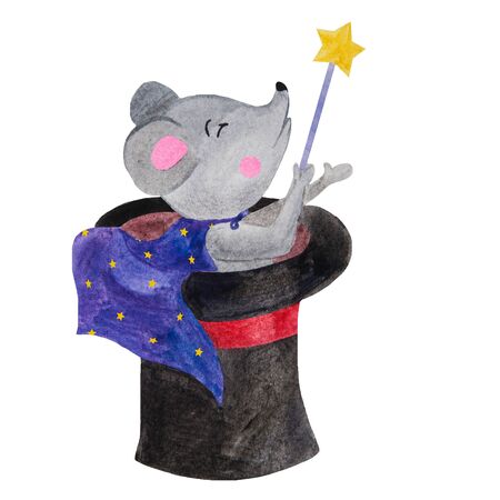 .mouse magician sitting in a black hat with a magic wand watercolor illustrationの写真素材