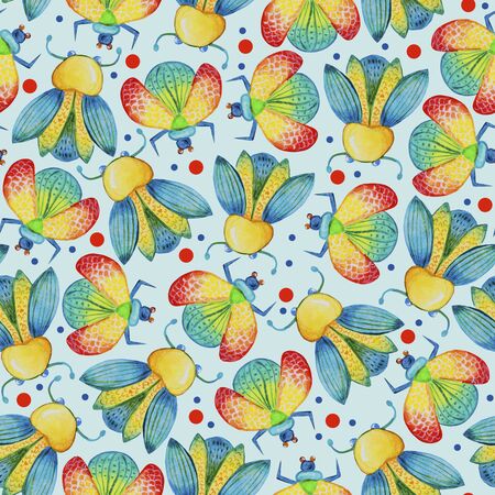 watercolor seamless vivid beetles pattern.の写真素材