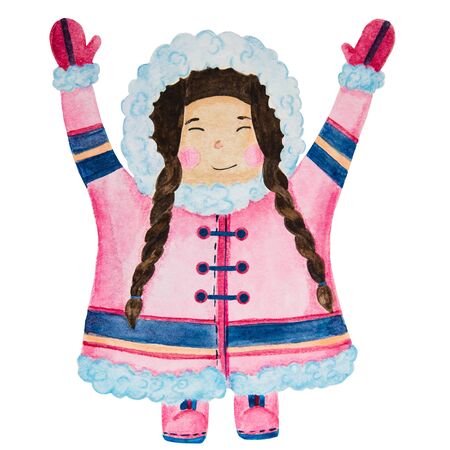 .cute eskimos in ethnic clothing set blue, pink watercolor.の写真素材