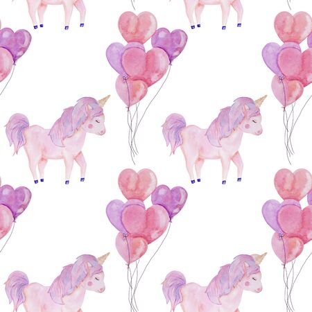 seamless pattern pink hearts unicorn watercolor valentines dayの写真素材