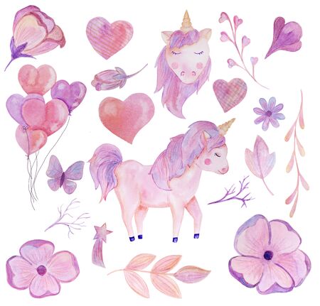 soft set pink lilac unicorn watercolor illustrationの写真素材