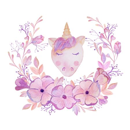 .soft pink unicorn in a wreath isolated watercolor illustrationの写真素材