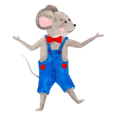 watercolor illustration of a joyful, gray mouse in overalls with pocketsの写真素材