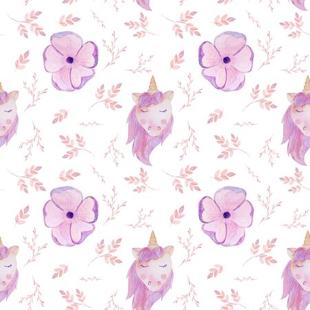seamless pattern pink unicorn and flowers watercolor valentines dayの写真素材