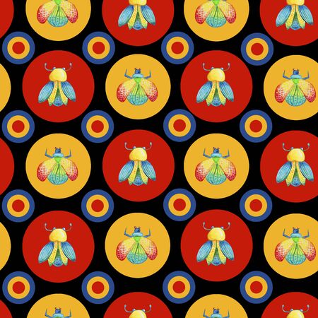 watercolor seamless bright patterns of beetles in bright circles, geometricの写真素材