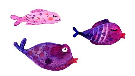 set of purple fishes in watercolor on a white background spots and stainsの写真素材