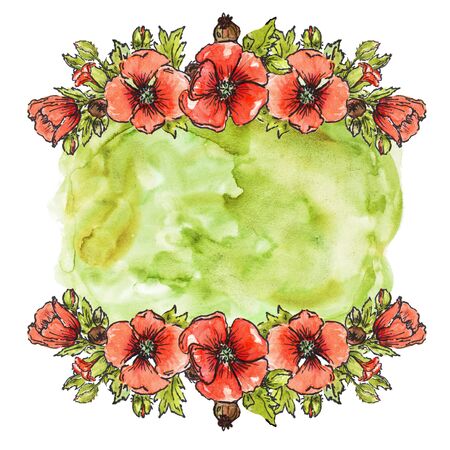wedding decor, watercolor poppies, frames for invitations to cards, menus and cardsの写真素材