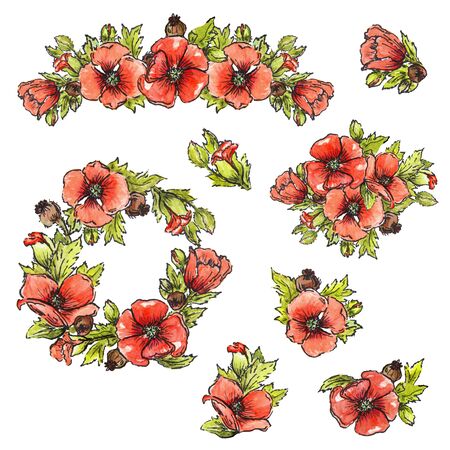 set of clipart, red watercolor poppies, frame corners for invitations to cards, menus and cardsの写真素材