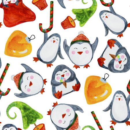 funny, kind watercolor penguins for the new yearの写真素材