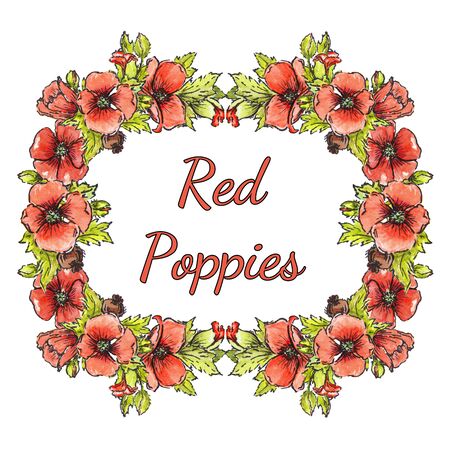 wedding decor, watercolor poppies, frames for invitations to cards, menus and cardsの写真素材