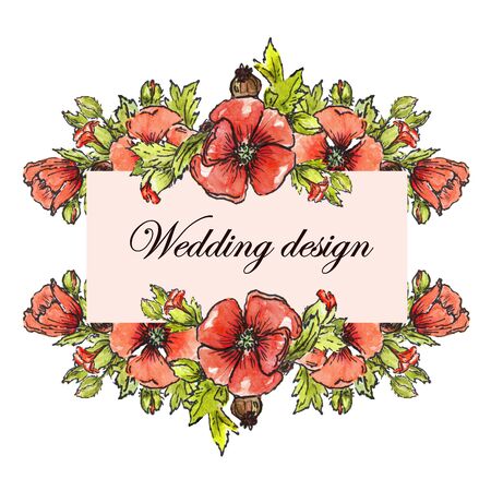 wedding decor, watercolor poppies, frames for invitations to cards, menus and cardsの写真素材