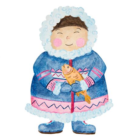 .cute eskimos in ethnic clothing set blue, pink watercolor.の写真素材