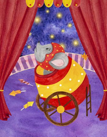 ..Watercolor illustration of a circus acrobat in a gun. Gray mouse, in cartoon style.の写真素材